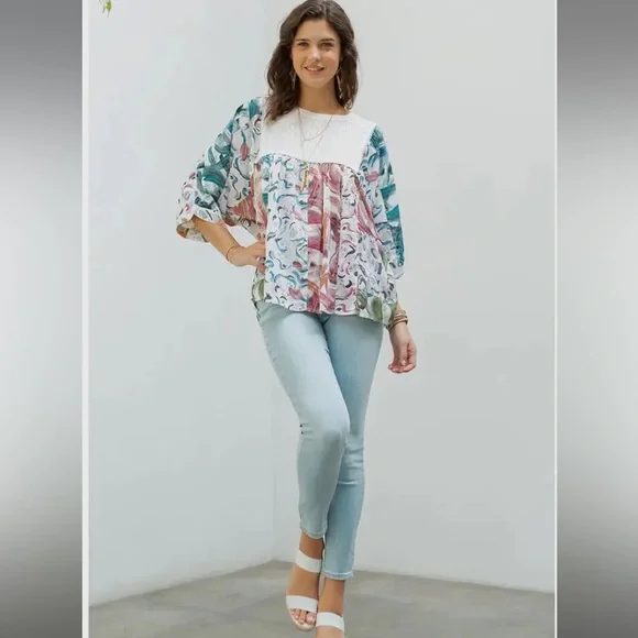 Young Threads Floral Abstract Patterned Dolman Sleeve Blouse Large - Picture 2 of 8